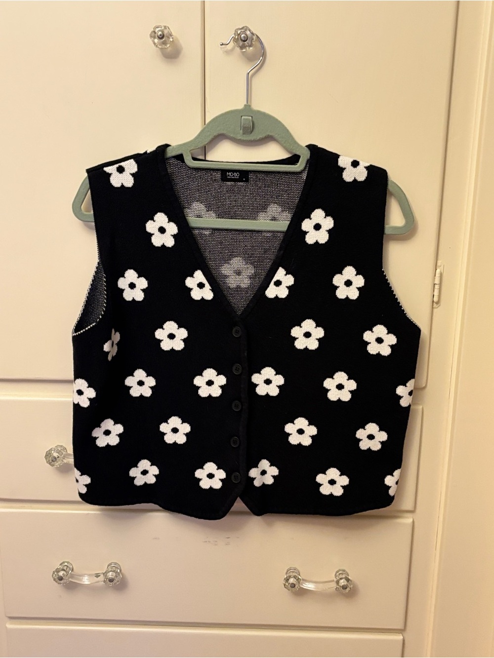 Black Floral Knit Button-Up Vest with White Daisy